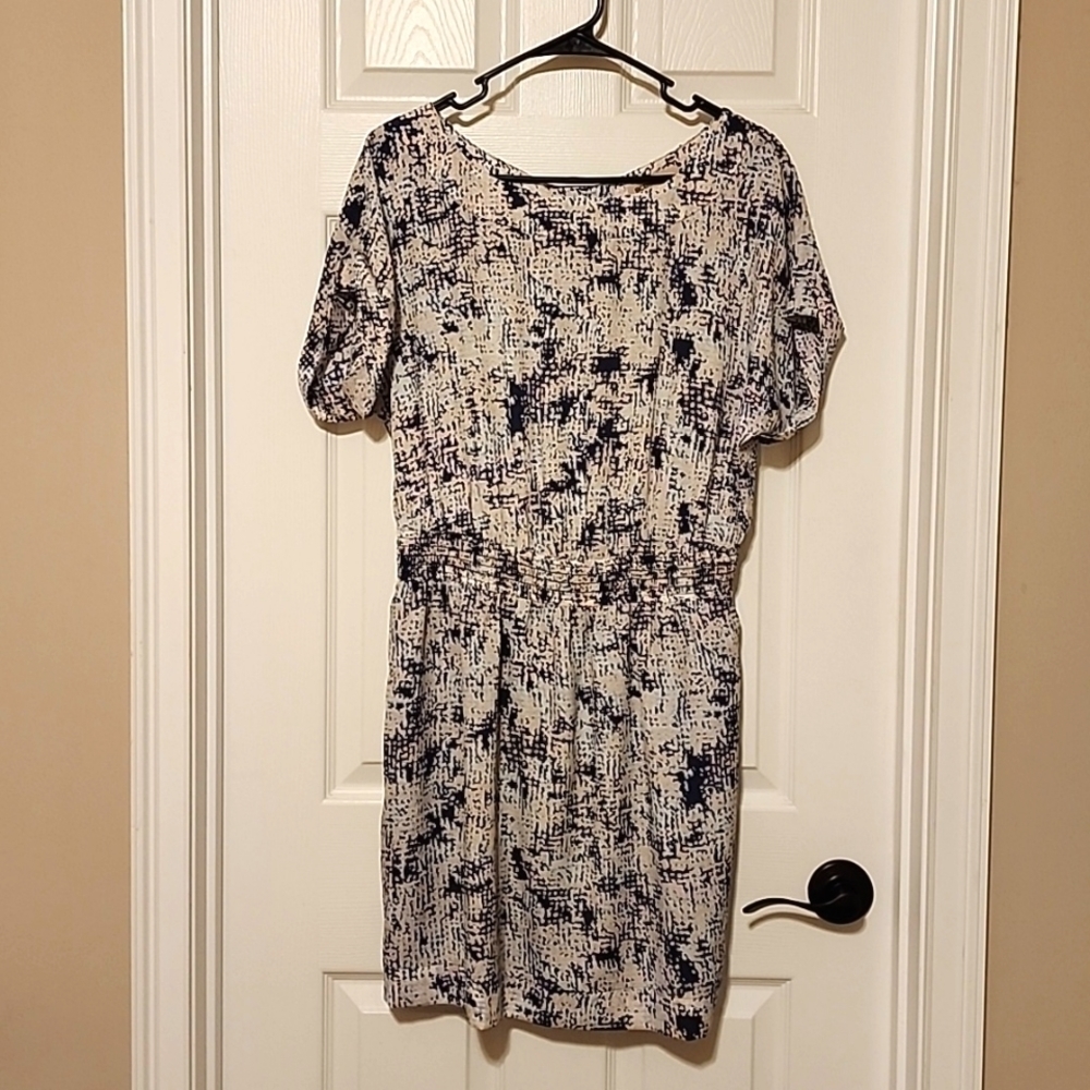 Bcbgeneration Navy and Nude Abstract Print Short Sleeve Dress with Elastic Waist